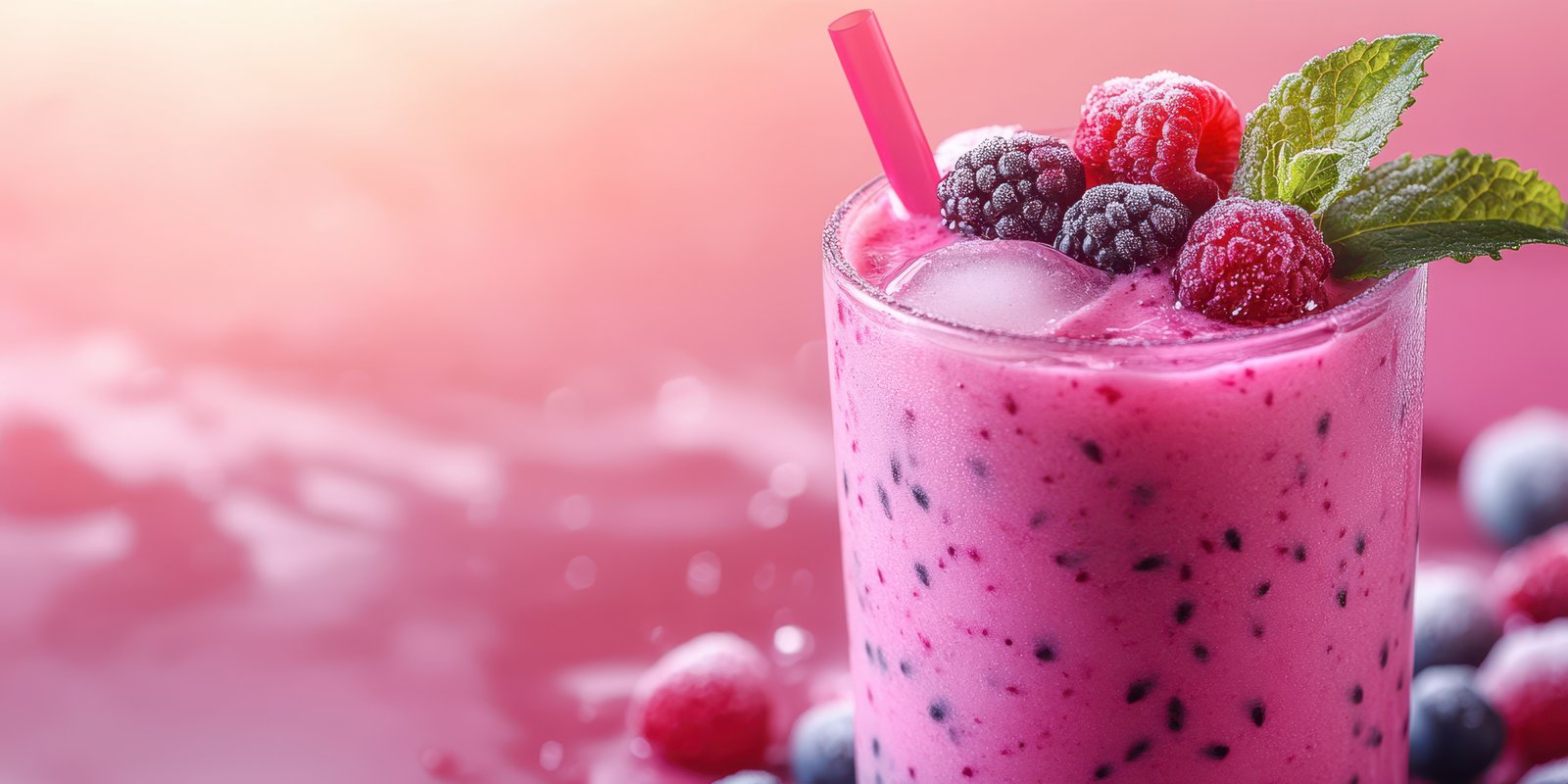 Refreshing berry smoothie with raspberries and mint against a colorful background